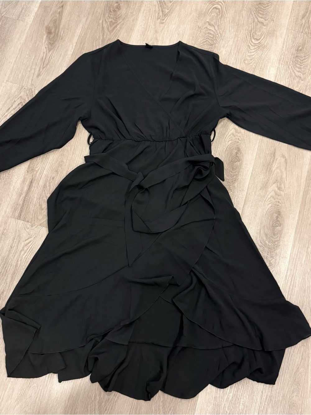 Black Wrap-Style Long Sleeve Dress